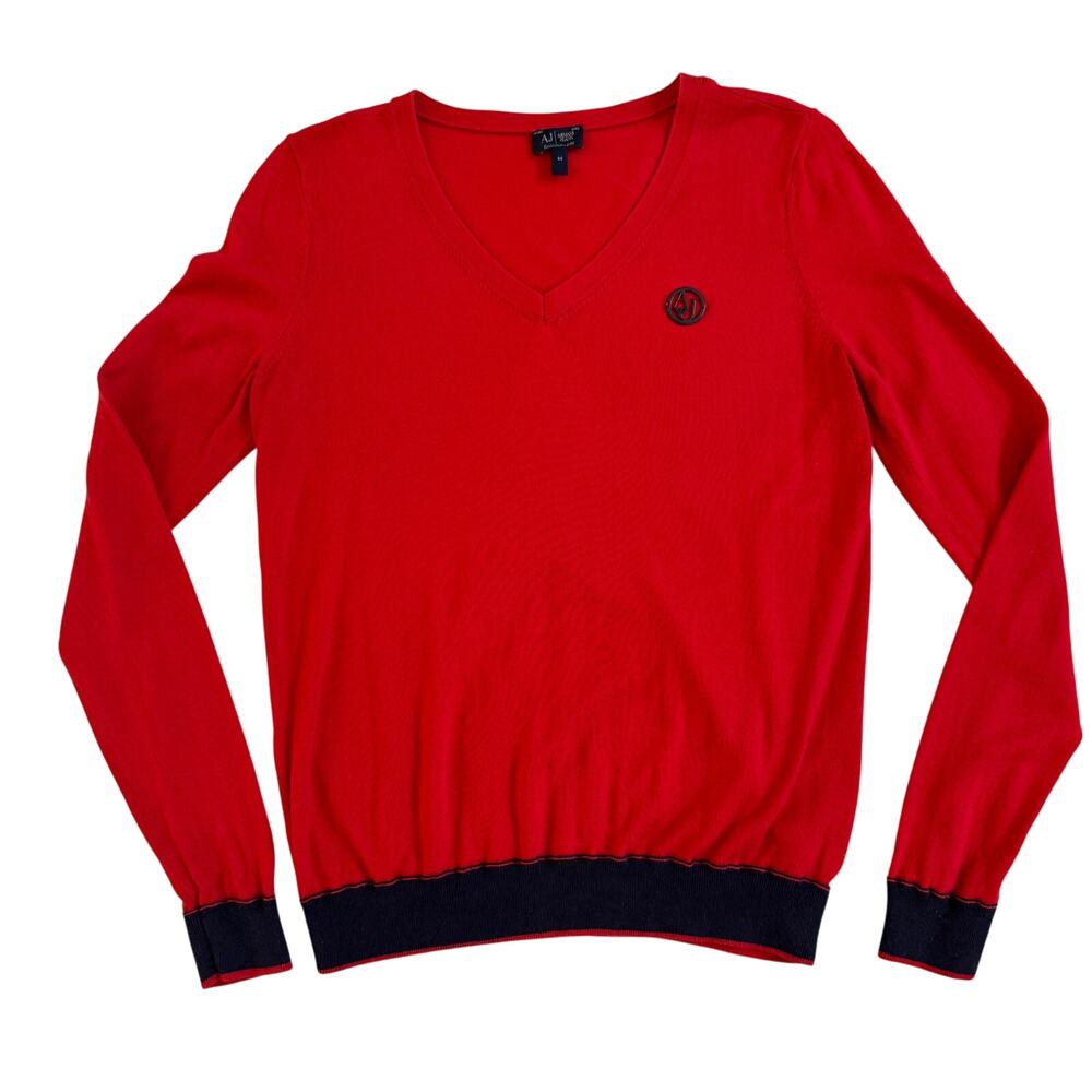 Armani Jeans V Neck Womens Red Sweater Size 44 Medium EUC Jumper Preppy